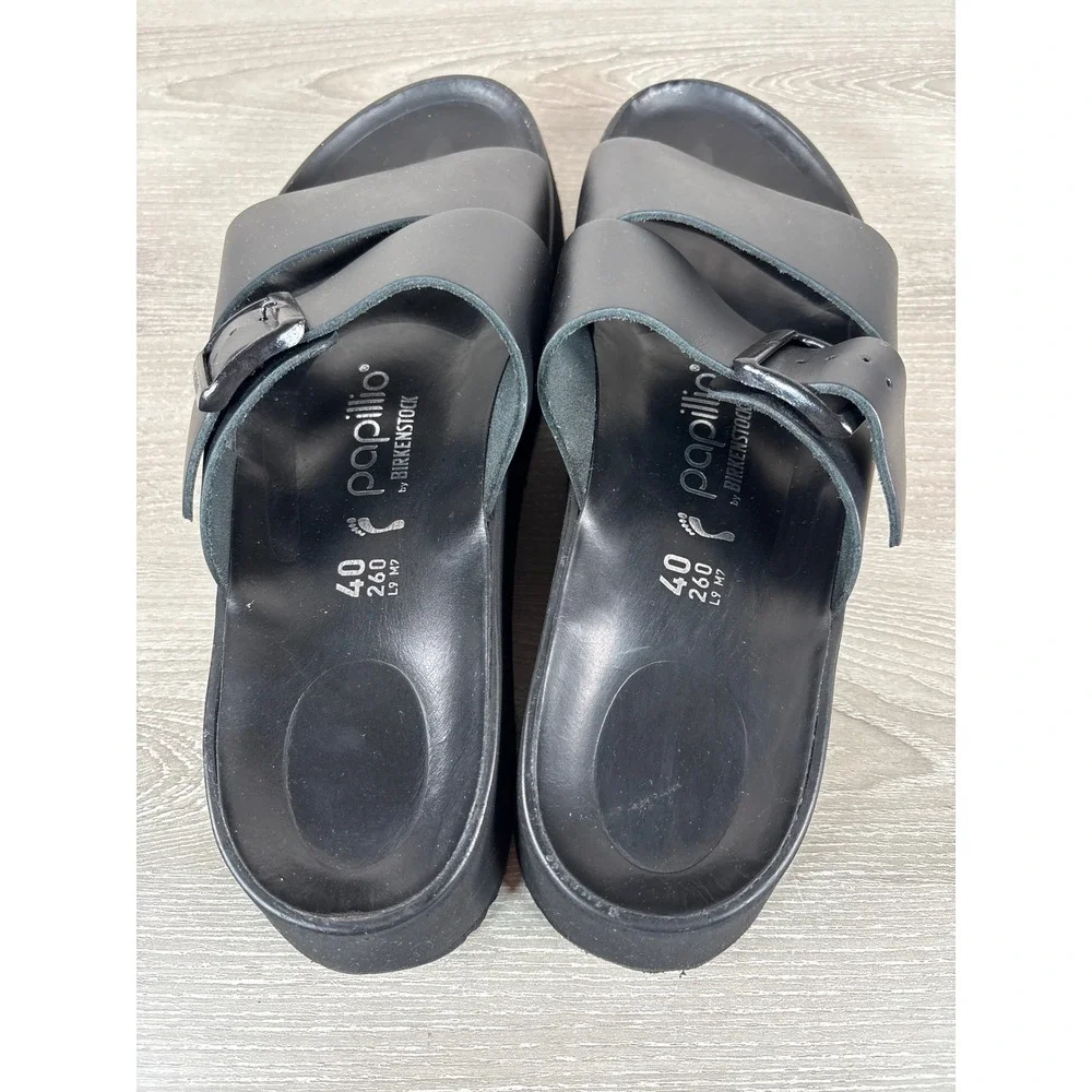 Papillio by Birkenstock Almina Exquisite Black Leather Platform Slide Sandals 40